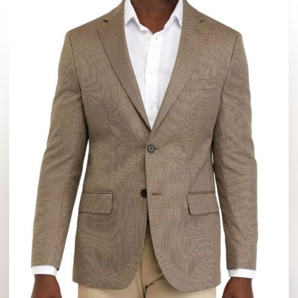 Chaps Tan Houndtooth Double Vented Sport Fitted Silk Suit Blazer - Picture 1 of 15